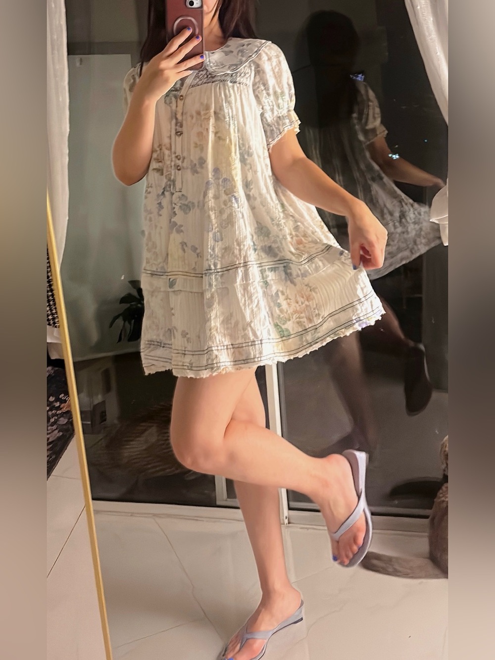 Pilcro Cream Mini Dress with Blue Floral Print